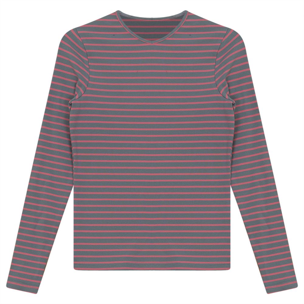 Ribbed Striped V- Neck Tee Grey Mauve Ladies Pullover by {{ product_vemdor}}