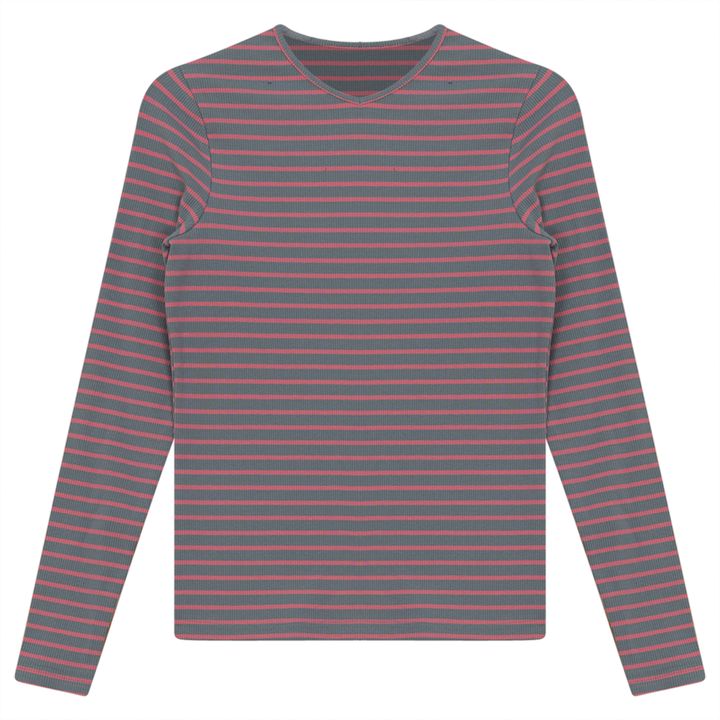 Ribbed Striped V- Neck Tee Grey Mauve Ladies Pullover by {{ product_vemdor}}