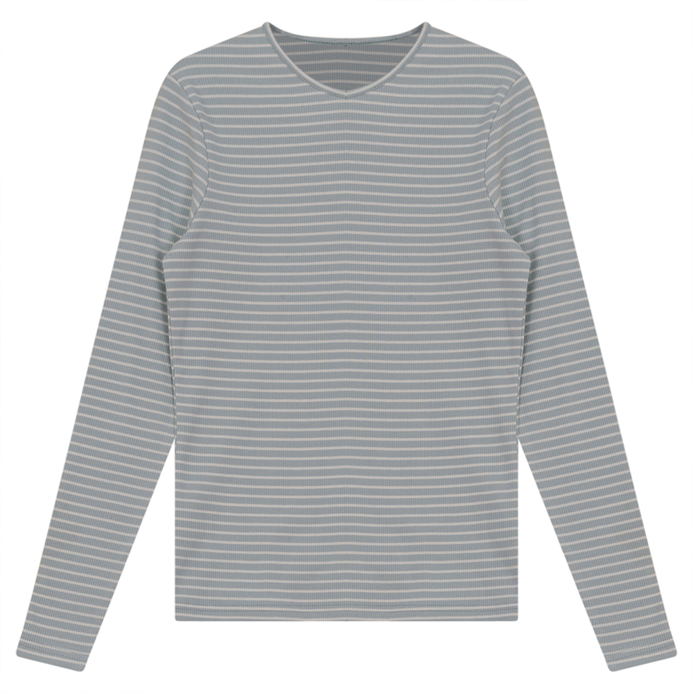 Ribbed Striped V- Neck Tee Light Denim White Ladies Pullover by {{ product_vemdor}}