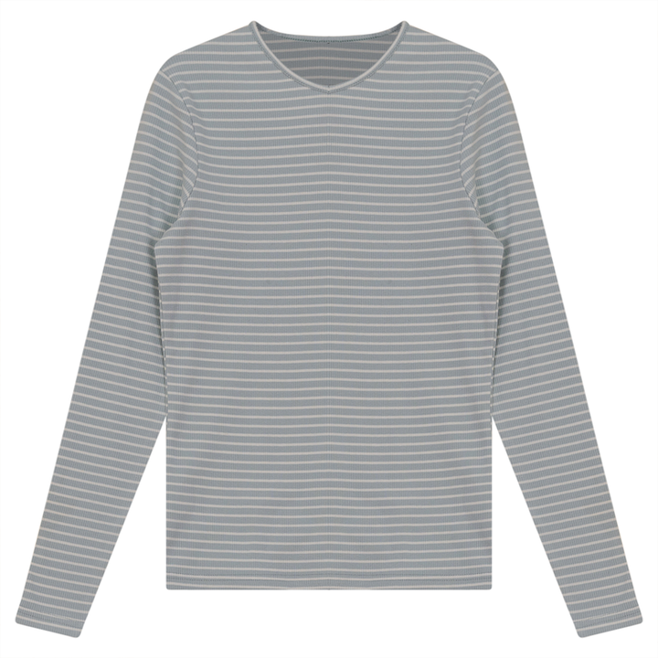 Ribbed Striped V- Neck Tee Light Denim White Ladies Pullover by {{ product_vemdor}}