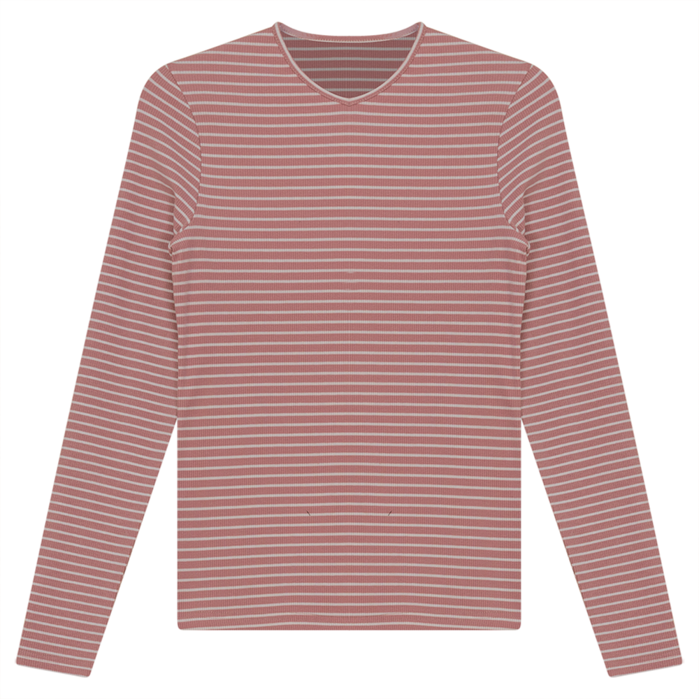 Ribbed Striped V- Neck Tee Mauve White Ladies Pullover by {{ product_vemdor}}