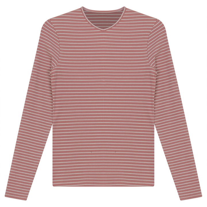 Ribbed Striped V- Neck Tee Mauve White Ladies Pullover by {{ product_vemdor}}