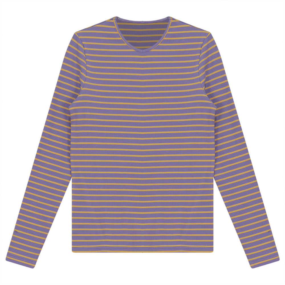 Ribbed Striped V- Neck Tee Plum Yellow Ladies Pullover by {{ product_vemdor}}