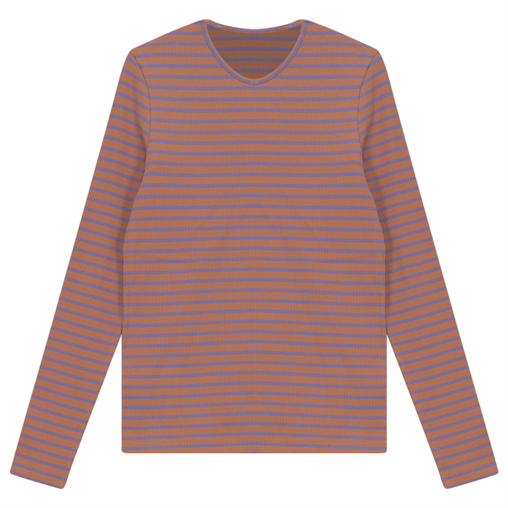 Ribbed Striped V- Neck Tee Rust Plum Ladies Pullover by {{ product_vemdor}}