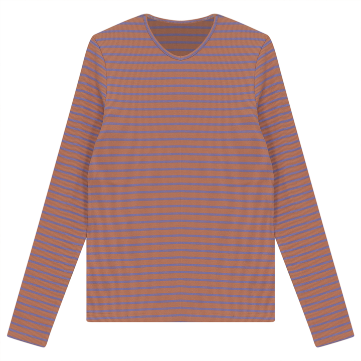 Ribbed Striped V- Neck Tee Rust Plum Ladies Pullover by {{ product_vemdor}}