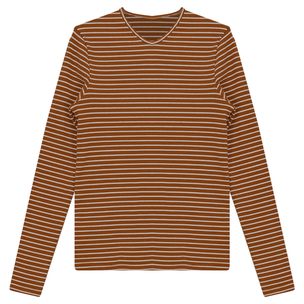 Ribbed Striped V- Neck Tee Taupe White Ladies Pullover by {{ product_vemdor}}