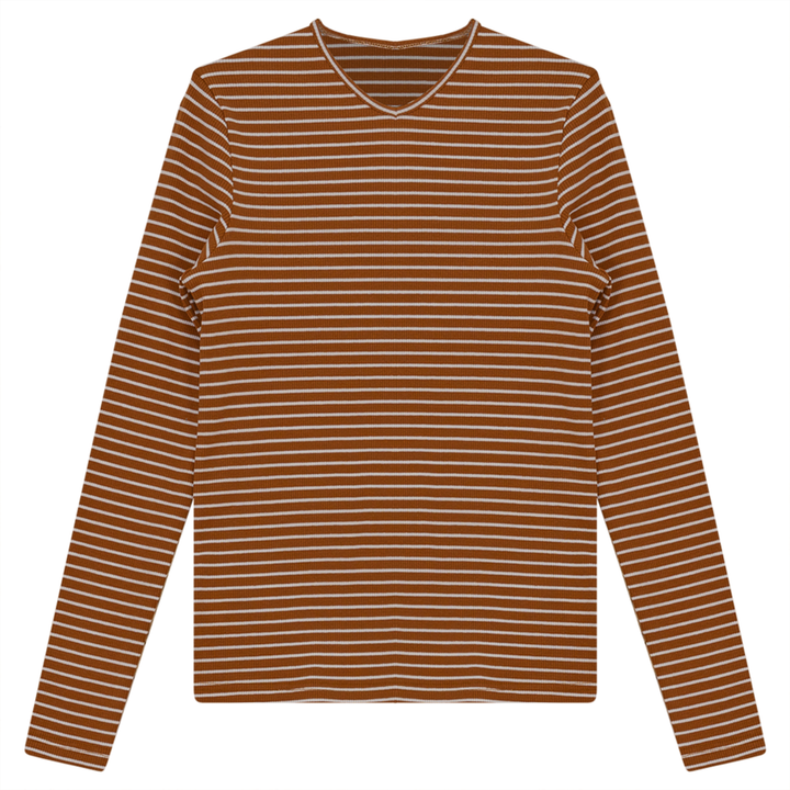 Ribbed Striped V- Neck Tee Taupe White Ladies Pullover by {{ product_vemdor}}