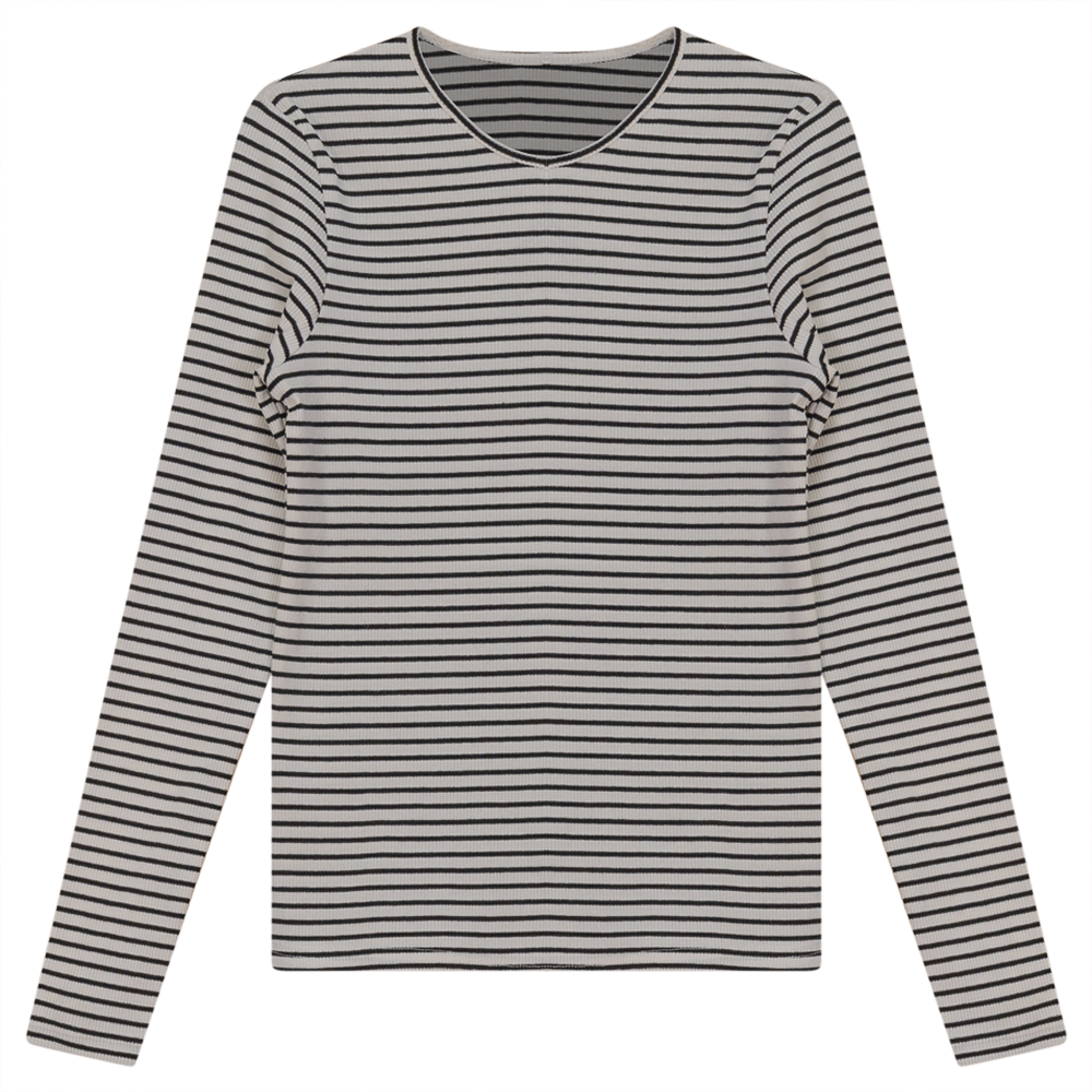 Ribbed Striped V- Neck Tee White Black Ladies Pullover by {{ product_vemdor}}