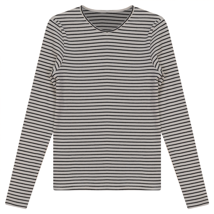 Ribbed Striped V- Neck Tee White Black Ladies Pullover by {{ product_vemdor}}