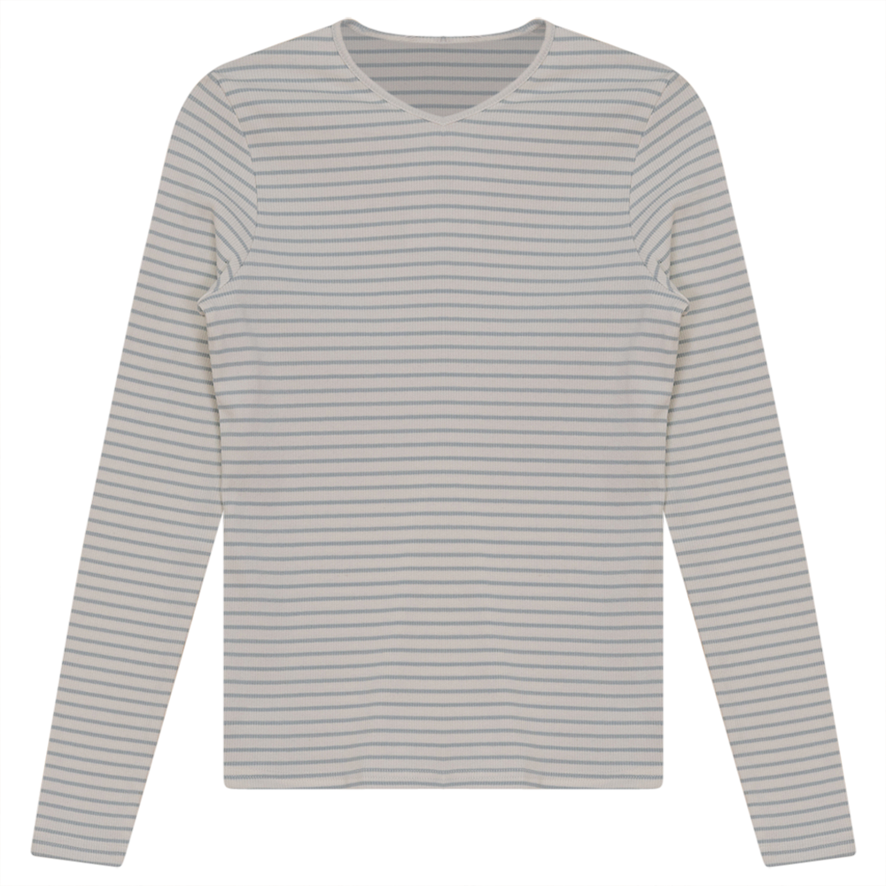 Ribbed Striped V- Neck Tee White Light Denim Ladies Pullover by {{ product_vemdor}}