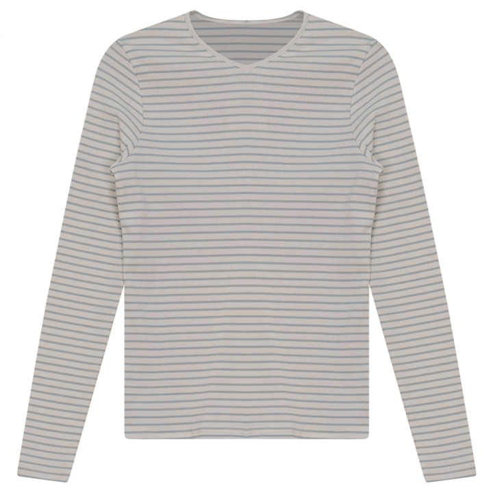 Ribbed Striped V- Neck Tee White Light Denim Ladies Pullover by {{ product_vemdor}}