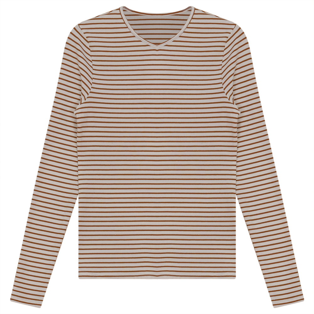 Ribbed Striped V- Neck Tee White Taupe Ladies Pullover by {{ product_vemdor}}