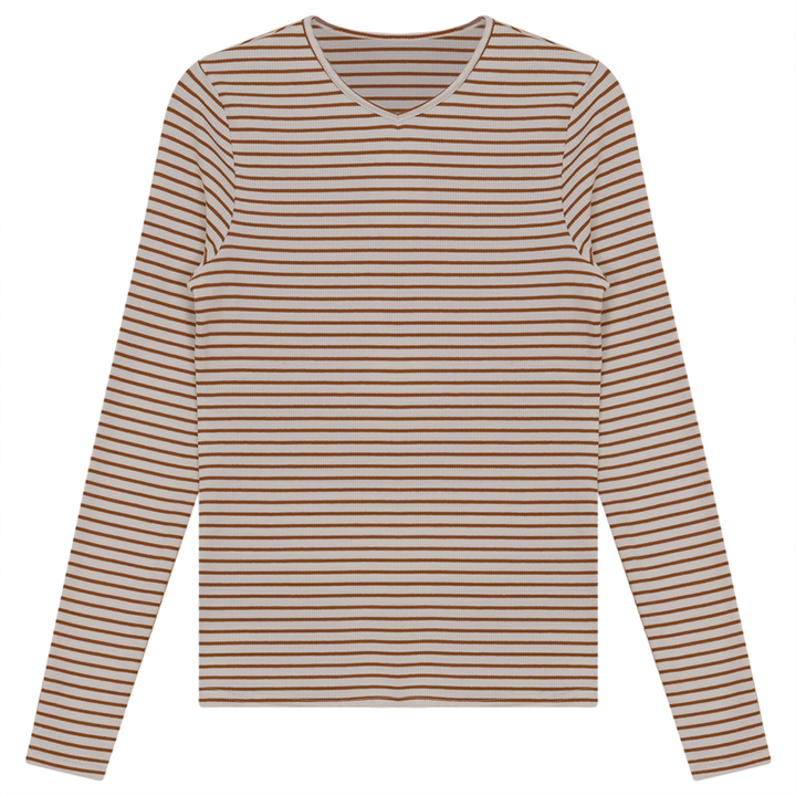 Ribbed Striped V- Neck Tee White Taupe Ladies Pullover by {{ product_vemdor}}