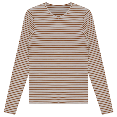 Ribbed Striped V- Neck Tee Riff Ladies Pullover White/Taupe / XXS - TheHushShop.com