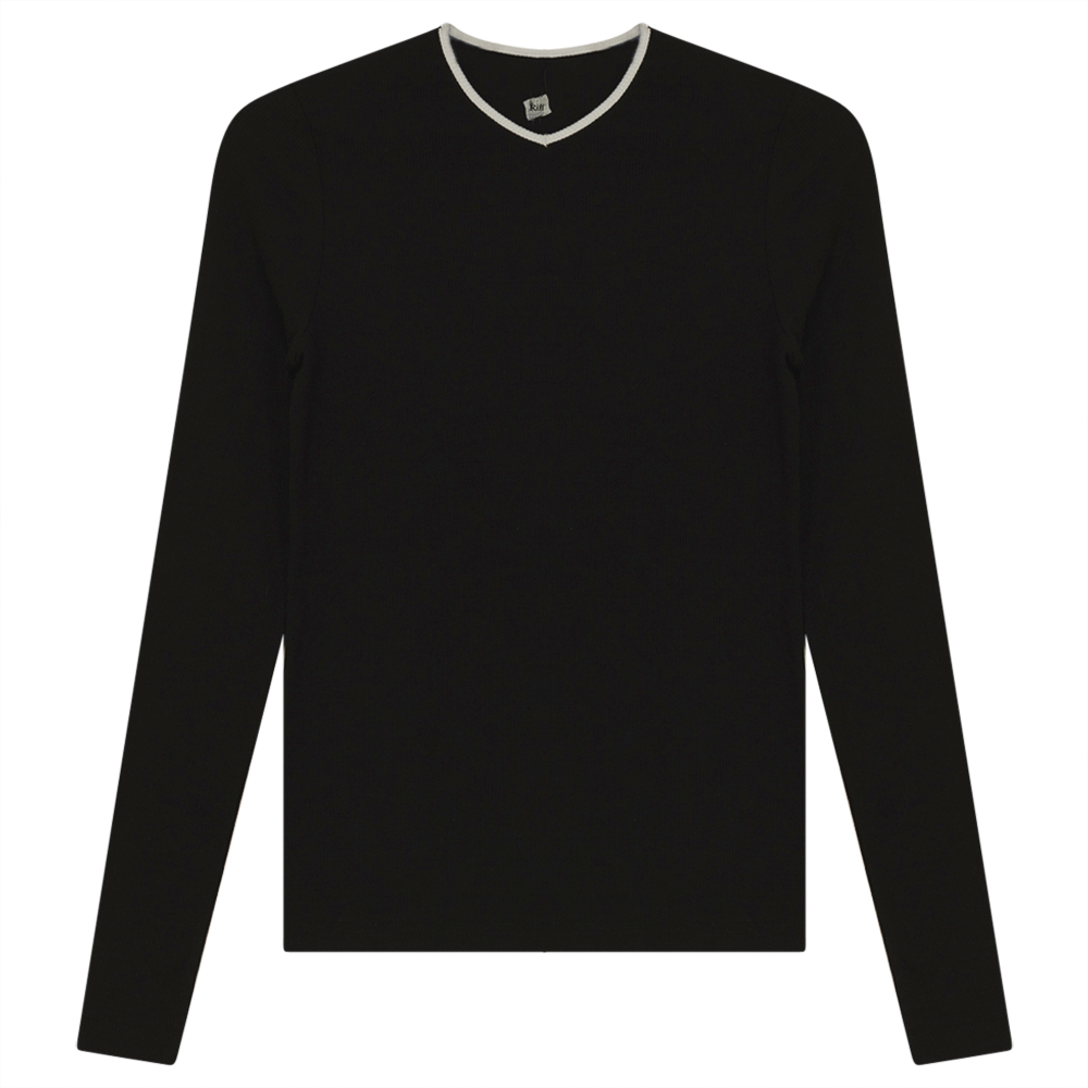 V-Neck Ribbed Tee Black White Ladies Pullover by {{ product_vemdor}}