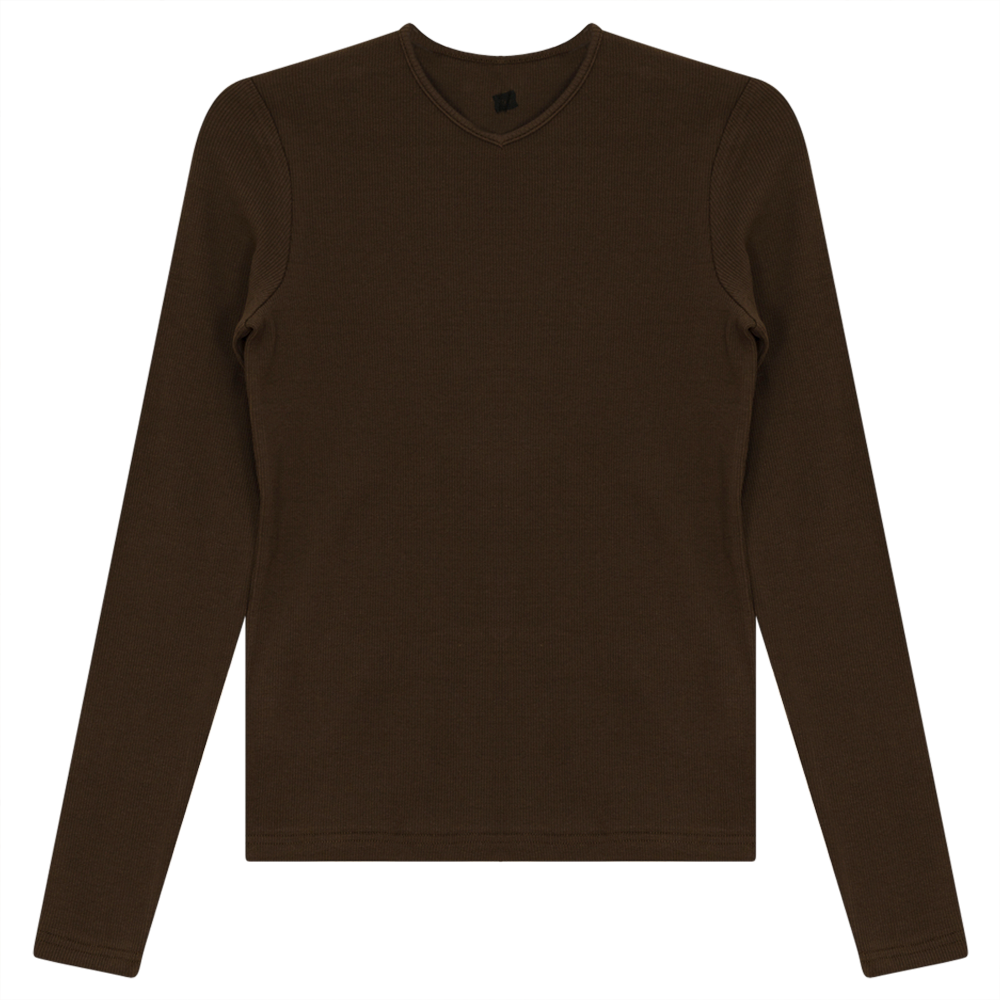 V-Neck Ribbed Tee in Coffee by Riff