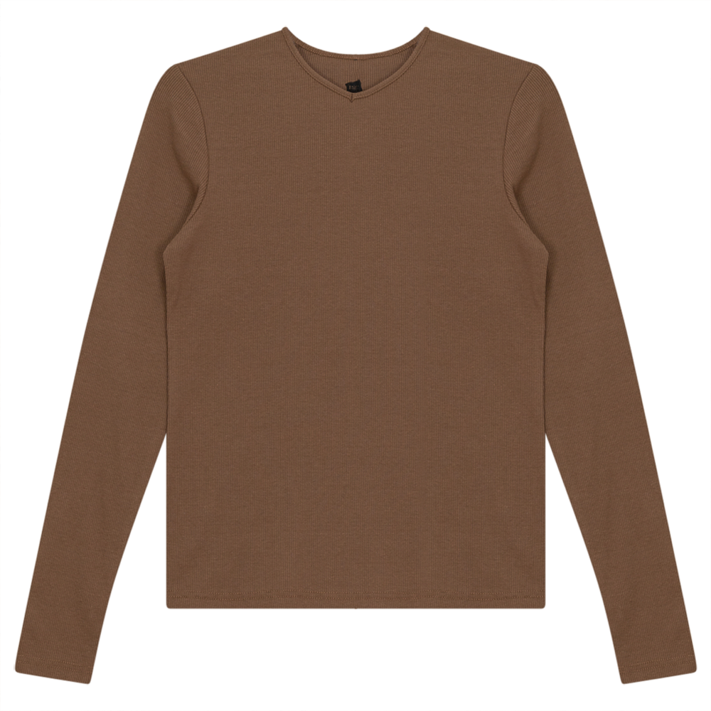 V-Neck Ribbed Tee in Mocha by Riff