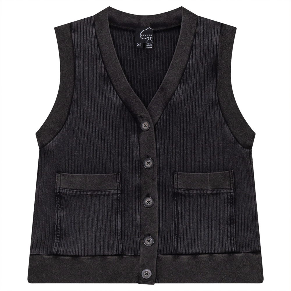 Ribbed Mineral Wash Contrast Cardigan Vest in Black Wash by Spades