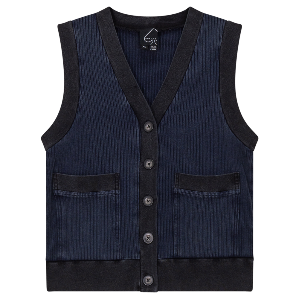 Ribbed Mineral Wash Contrast Cardigan Vest in Dark Denim Wash by Spades