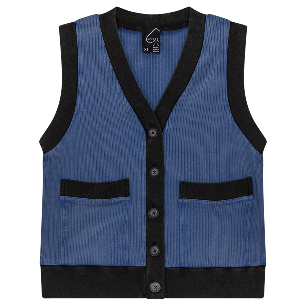 Ribbed Mineral Wash Contrast Cardigan Vest in Light Denim Wash by Spades