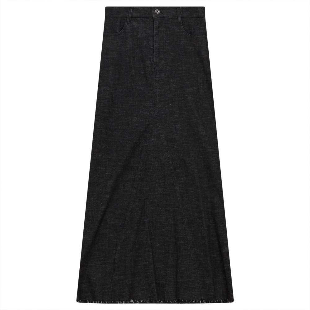Stretch Denim Pleated Skirt in Black Light Wash