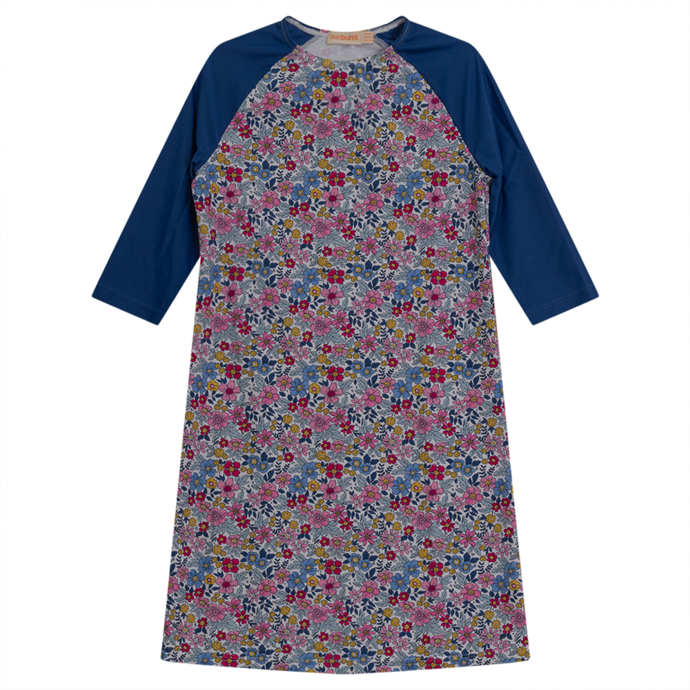 Vintage Floral Print Swim Dress in White Dark Denim by Try