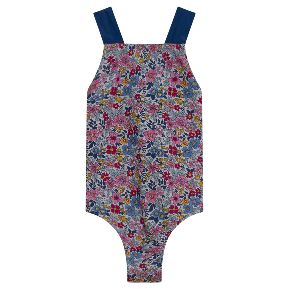 Vintage Floral Print Swimsuit in White Dark Denim by Try