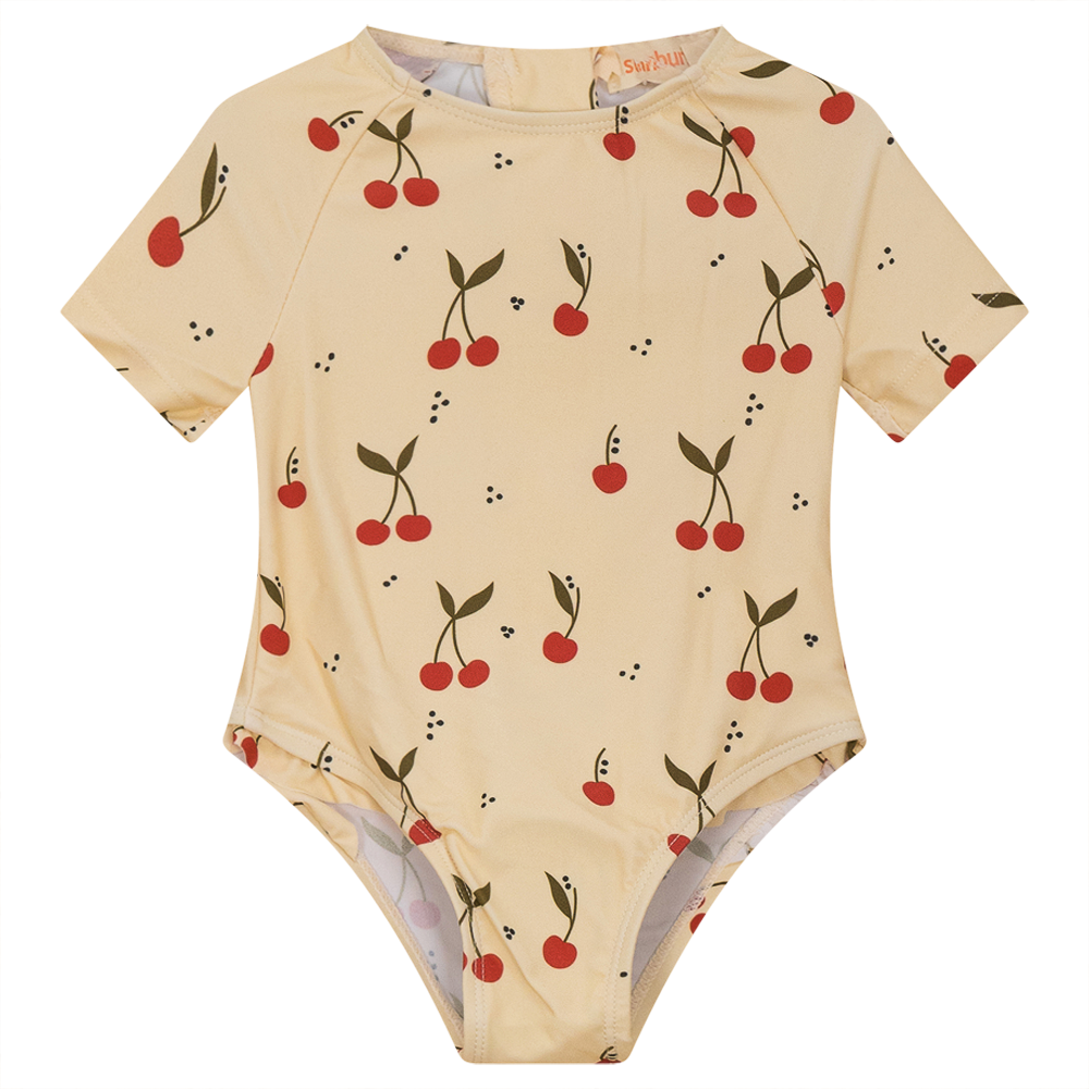 Cherry Print Long Sleeve Swimsuit in Pale Peach by Sunburnt