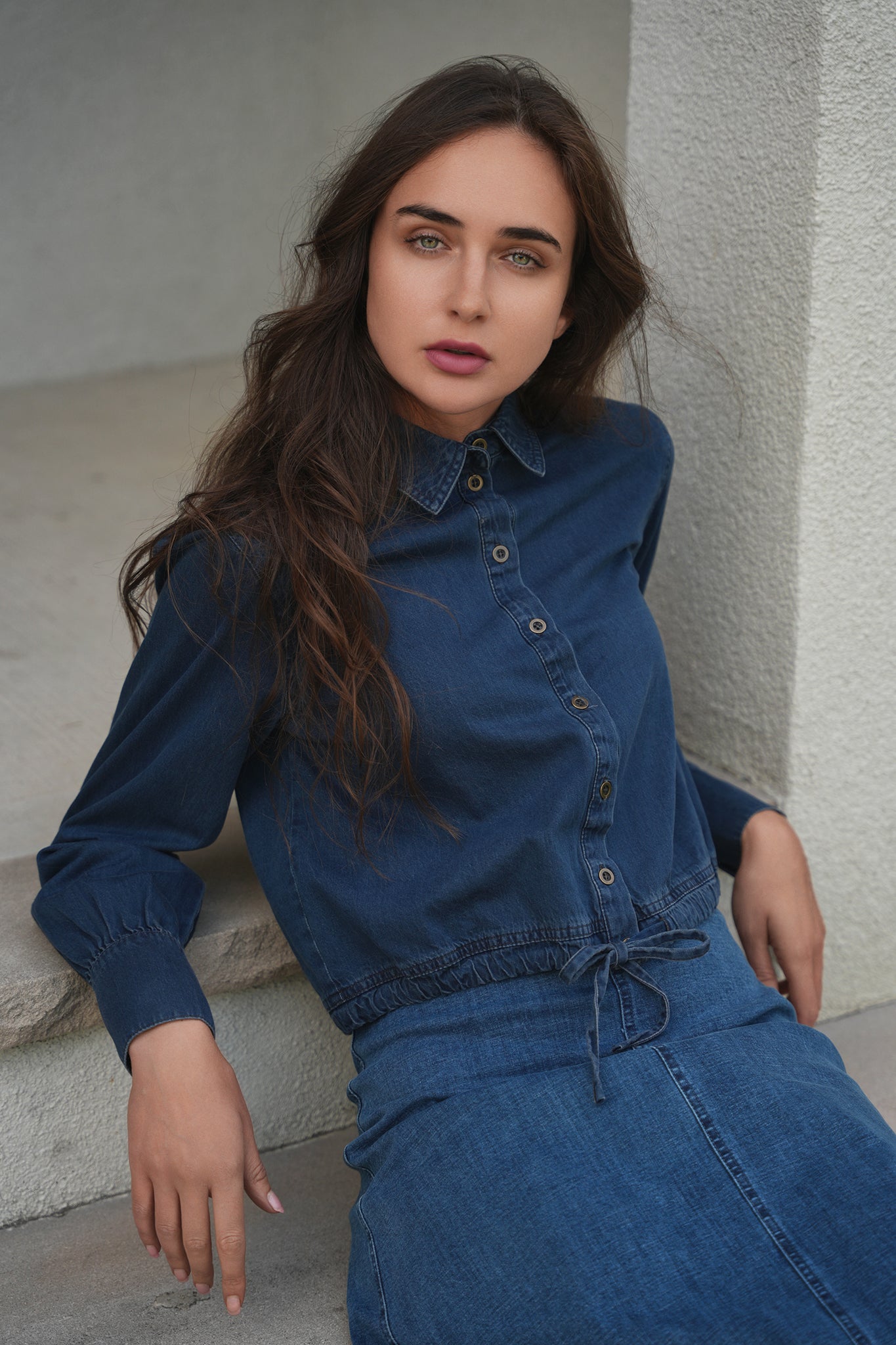 Denim Henley Bungee Top in Denim Washed by Faves