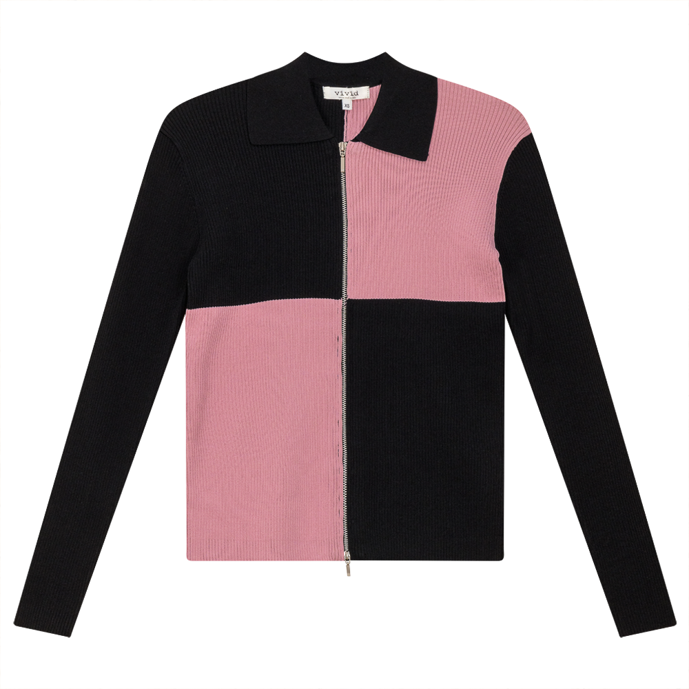 Check Zip Sweater Black Dusty Pink Ladies Pullover by {{ product_vemdor}}