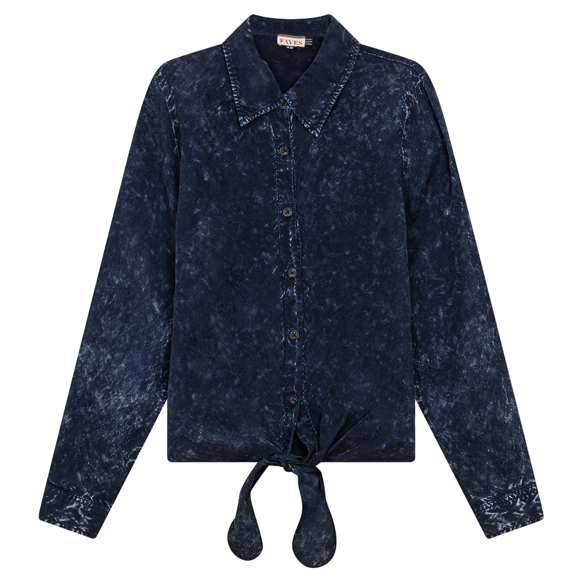Wash Denim Tie Blouse in Dark Denim Wash by Faves