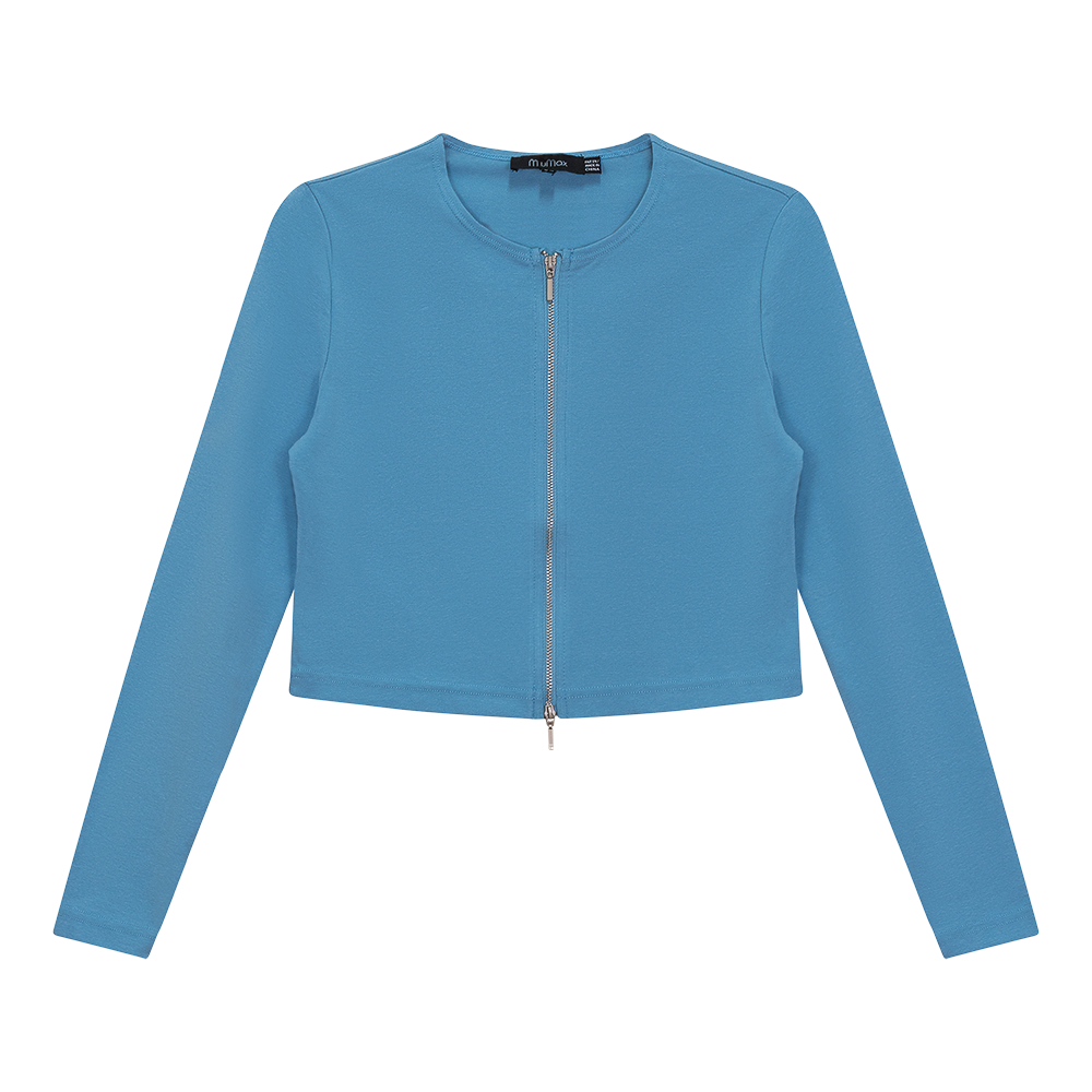 Cropped Zip Bomber Top in Light Denim by MiuMax