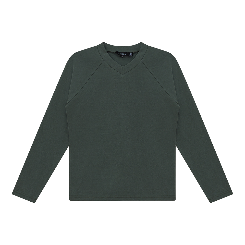 V Neck Raglan Top in Basil by MiuMax