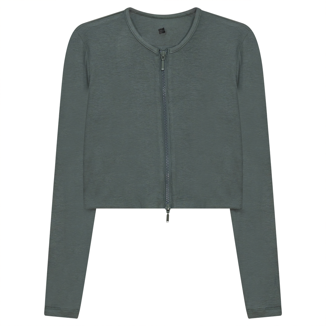 Ribbed Cropped Zip Bomber Tee Basil Ladies Cardigan by {{ product_vemdor}}