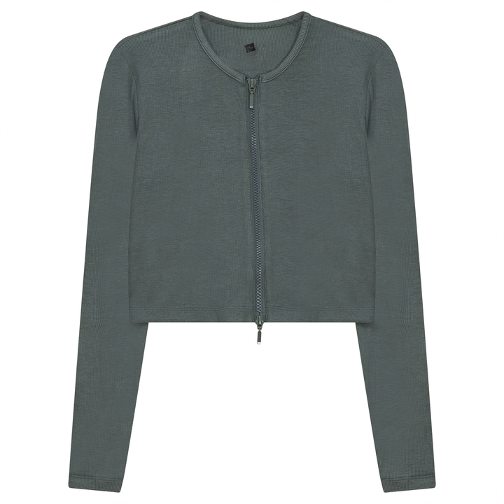 Ribbed Cropped Zip Bomber Tee Basil Ladies Cardigan by {{ product_vemdor}}