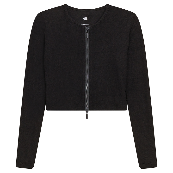 Ribbed Cropped Zip Bomber Tee Black Ladies Cardigan by {{ product_vemdor}}