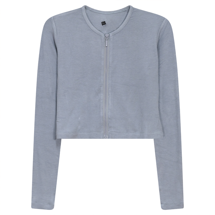 Ribbed Cropped Zip Bomber Tee Dusty Blue Ladies Cardigan by {{ product_vemdor}}