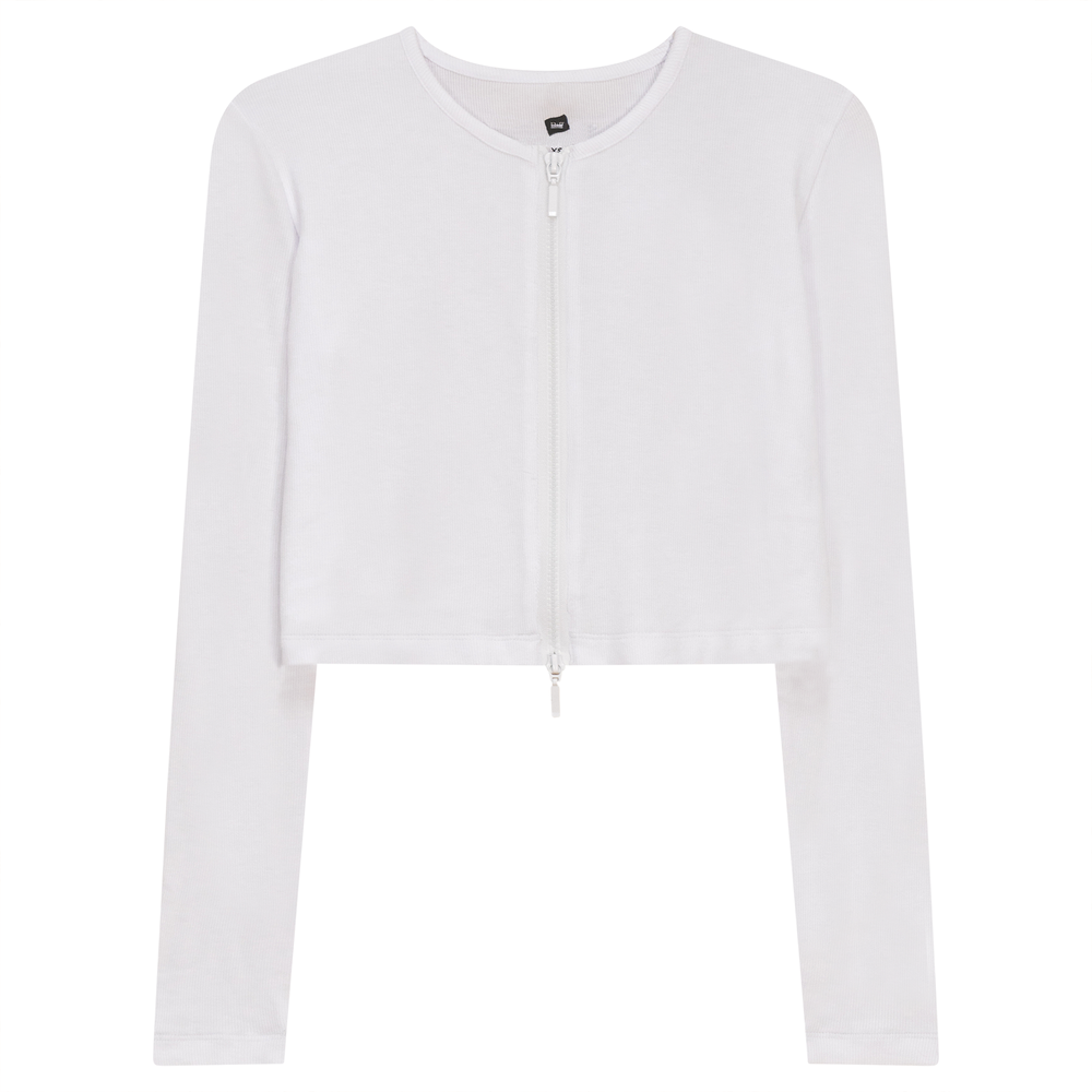 Ribbed Cropped Zip Bomber Tee White Ladies Cardigan by {{ product_vemdor}}