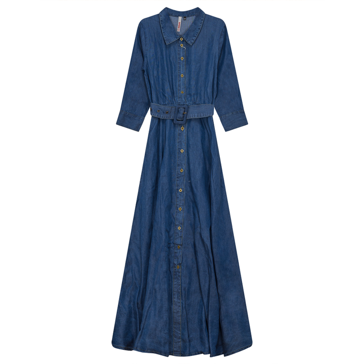 Woven Denim Maxi Dress Dark Denim Ladies Dress by {{ product_vemdor}}