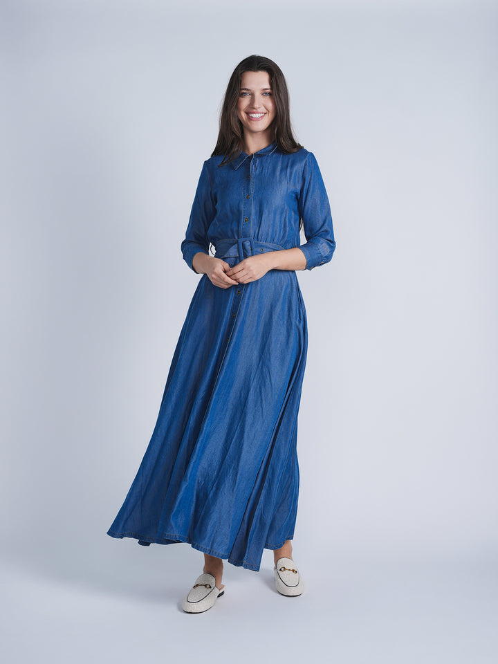 Woven Denim Maxi Dress Ladies Dress by {{ product_vemdor}}