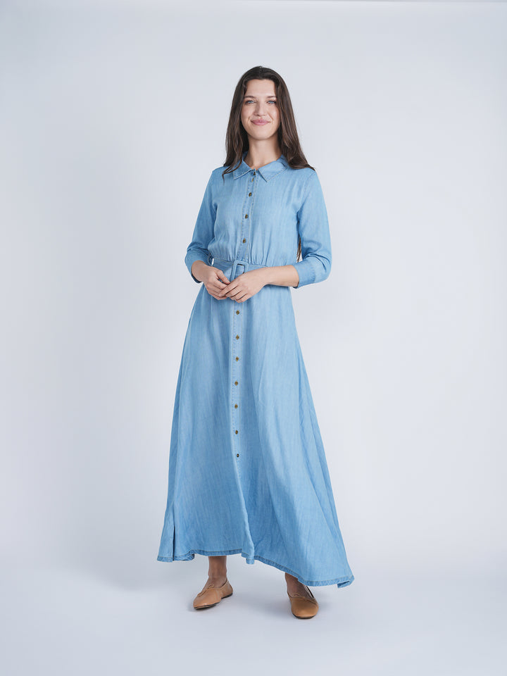 Woven Denim Maxi Dress Ladies Dress by {{ product_vemdor}}