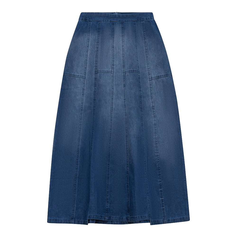 Denim Long Flare Skirt in Dark Denim Wash by FYI