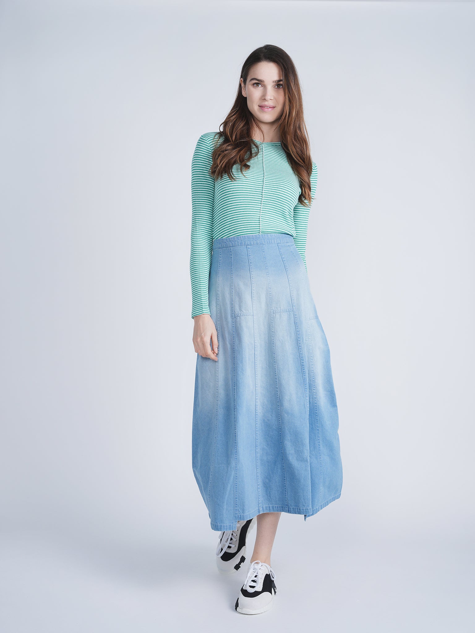 Denim Long Flare Skirt in by FYI