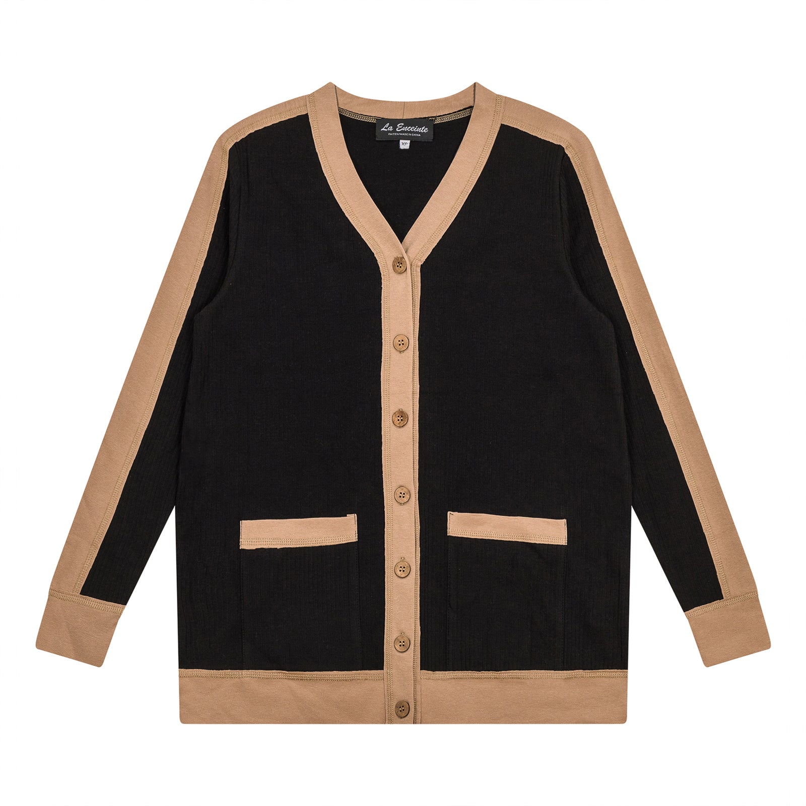 Maternity Ribbed Contrast Cardigan in Black Dark Beige by La Enceinte