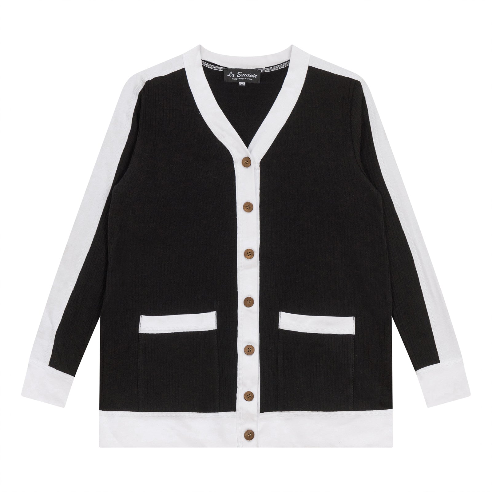Maternity Ribbed Contrast Cardigan in Black White by La Enceinte