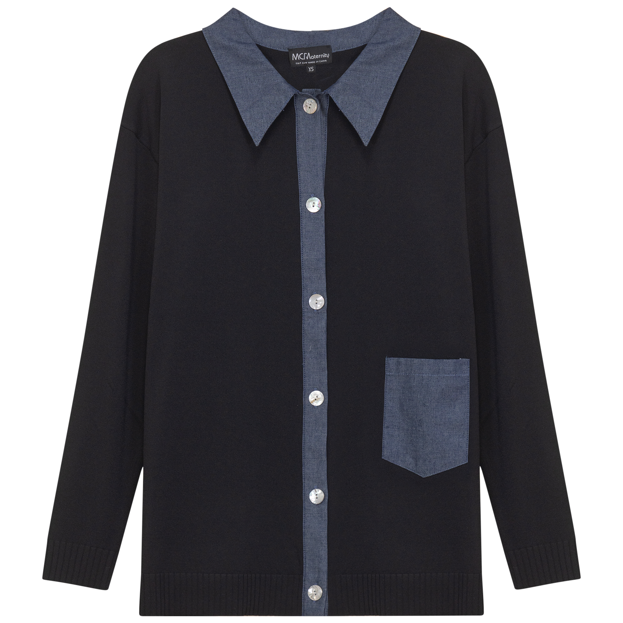 Maternity Rib Knit Color Blocked Jacket in Black Chambray by MCM
