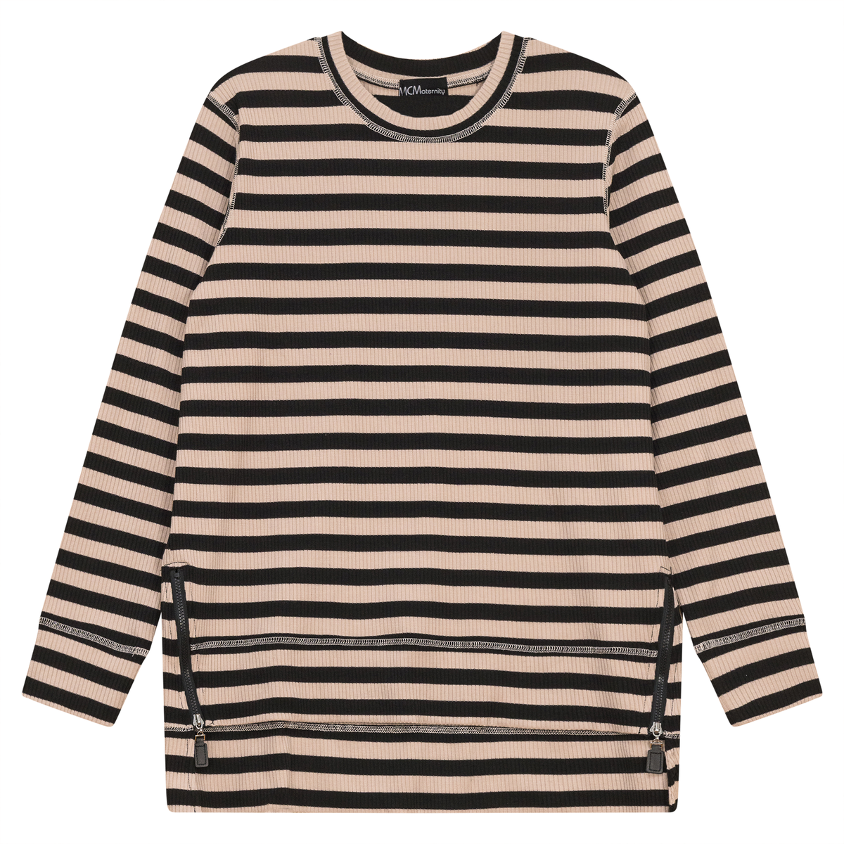 Striped Maternity Zip Top in Black Beige by MCM