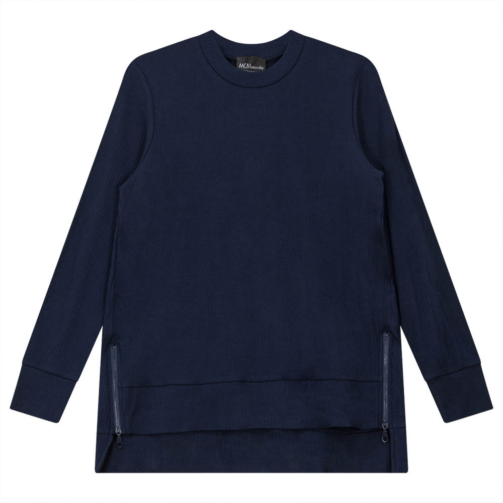 Ribbed Maternity Zip Top in Dark Denim by MCM