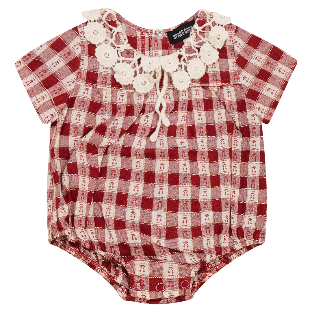 Checkered Bubble with Crotchet Collar Berry Baby Overall by {{ product_vemdor}}