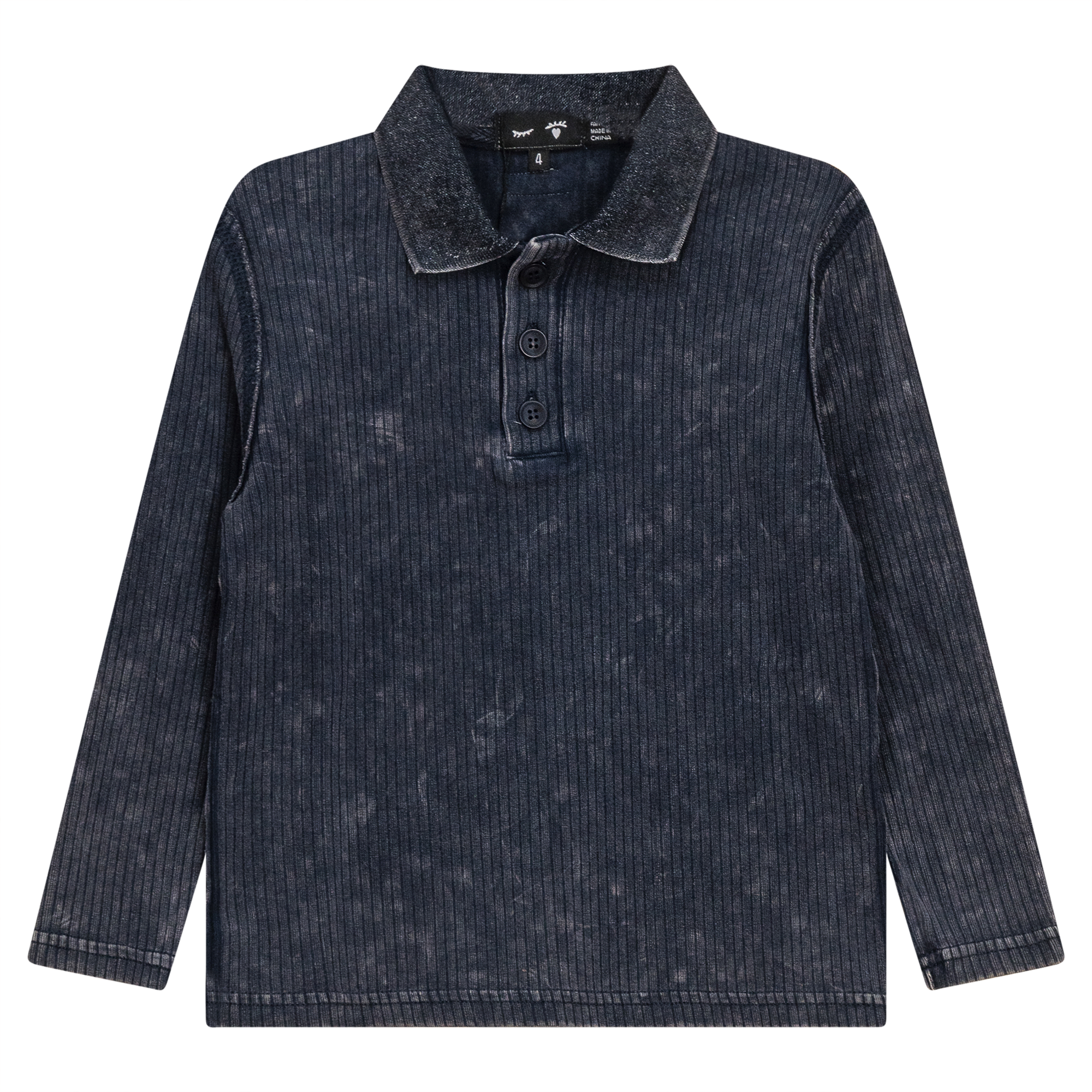 Boys Distressed Ribbed Long Sleeve Polo - Dark/Light Denim